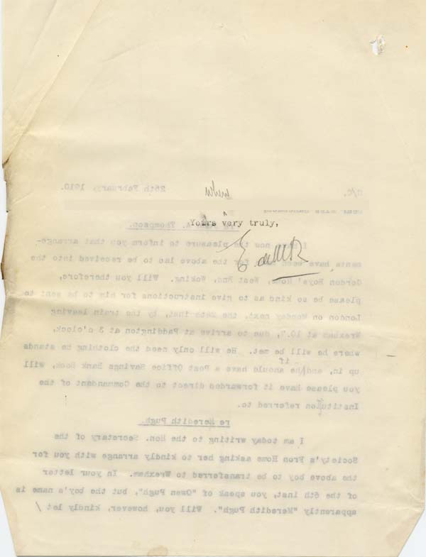 Large size image of Case 9308 20. Copy letter from Revd Edward Rudolf to the St Giles Home about travel arrangements for J.  25 February 1910
 page 2
