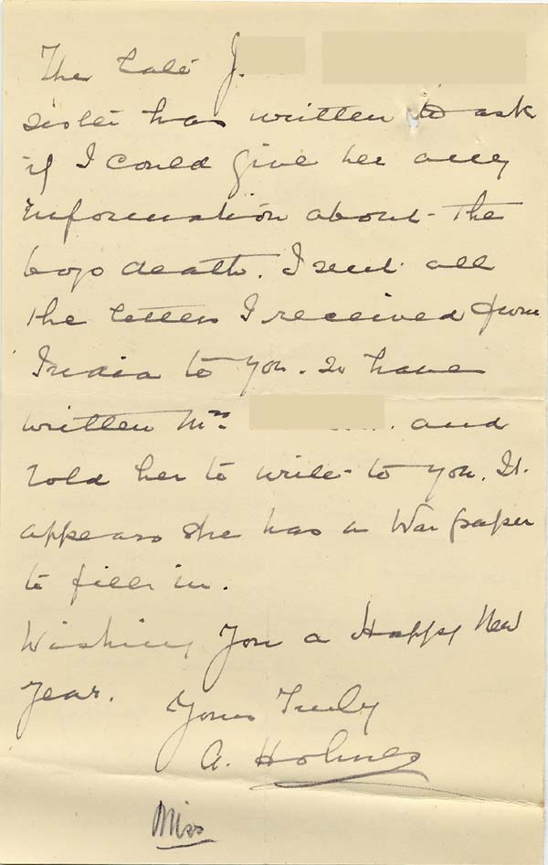Large size image of Case 9308 21. Letter from the St Giles Home to the Revd Edward Rudolf asking him to correspond with J's sister about his death in 1914  7 January 1916
 page 2