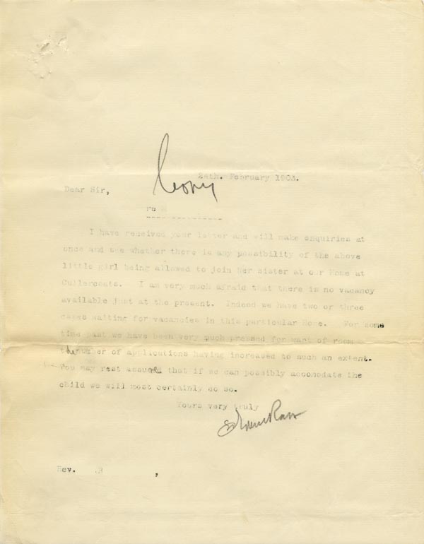 Large size image of Case 9309 9. Copy letter to Revd B. about the possibility of M. joining her sister  24 February 1903
 page 1