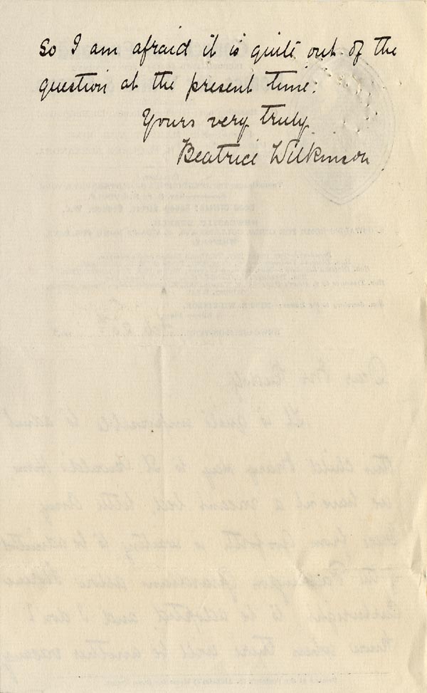Large size image of Case 9309 10. Letter from Miss Wilkinson stating that there were no vacancies at the Home and that it was impossible to admit M.
 page 2