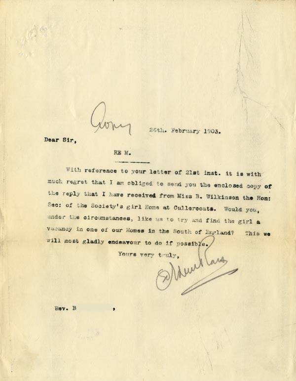 Large size image of Case 9309 11. Letter to Revd B. informing him that there were no vacancies and offering to send M. elsewhere  26 February 1903
 page 1
