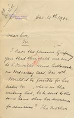 Image of Case 9309 6. Letter from Revd B. confirming that M. had been sent to St Oswald's and asking if her younger sister could go to the same Home in due course  12 December 1902
 page 1
