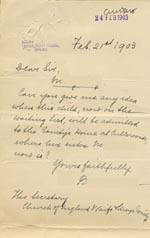 Image of Case 9309 7. Letter from Revd B. asking if there was a vacancy for M. at St Oswald's Home  21 February 1903
 page 1