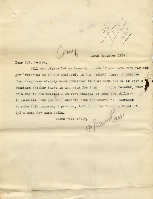 Large size image of Case 9315 4. Copy letter from Revd Edward Rudolf enquiring whether there are spaces at the Beckett Home  28 November 1902
 page 1