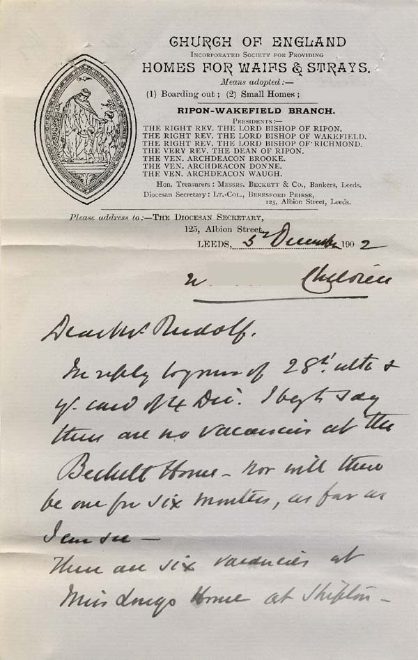 Large size image of Case 9315 6. Letter from Colonel Peirse confirming that there are no spaces in the Beckett Home and suggesting St Michael's  5 December 1902
 page 1