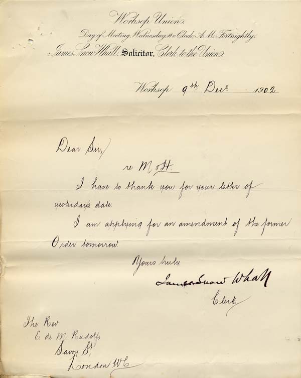 Large size image of Case 9315 9. Letter from the Worksop Union  9 December 1902
 page 1