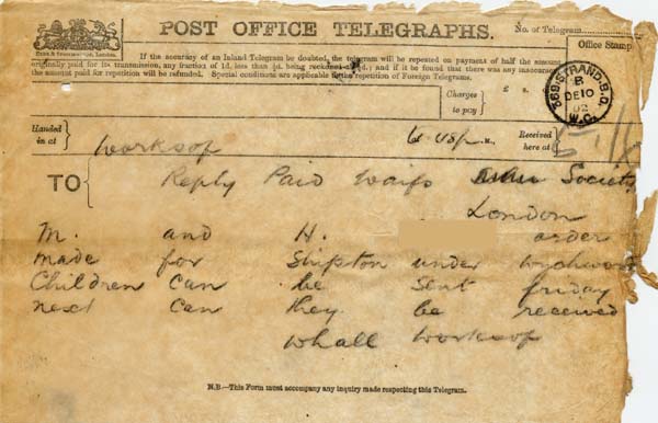 Large size image of Case 9315 10. Telegram from the Worksop Union stating that M. and H. can be sent to St Michael's  10 December 1902
 page 1