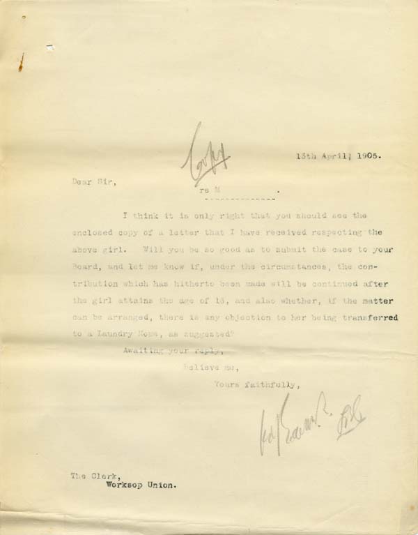 Large size image of Case 9315 15. Copy letter to the Worksop Union  13 April 1905
 page 1