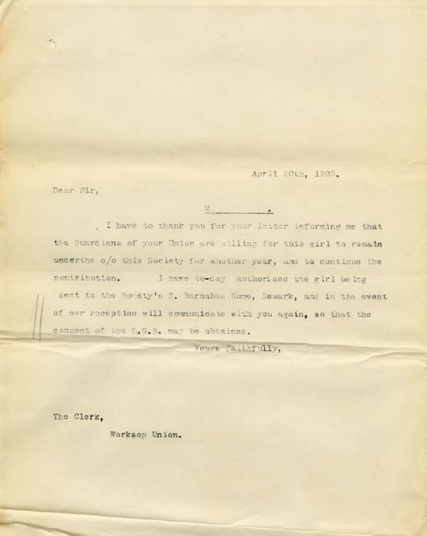 Large size image of Case 9315 21. Copy letter informing the Worksop Union  20 April 1905
 page 1