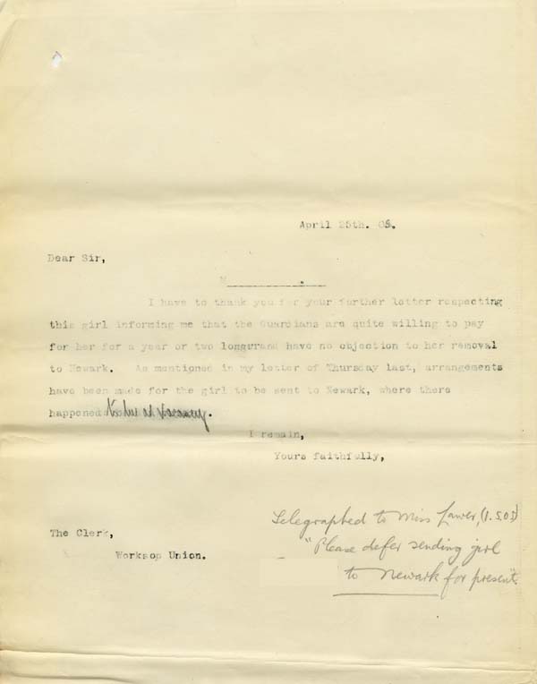 Large size image of Case 9315 23. Copy letter to the Worksop Union  25 April 1905
 page 1