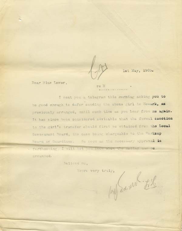 Large size image of Case 9315 26. Copy letter to St Michael's Home referring to a telegram asking them to defer sending M. to the St Barnabas Home  1 May 1905
 page 1