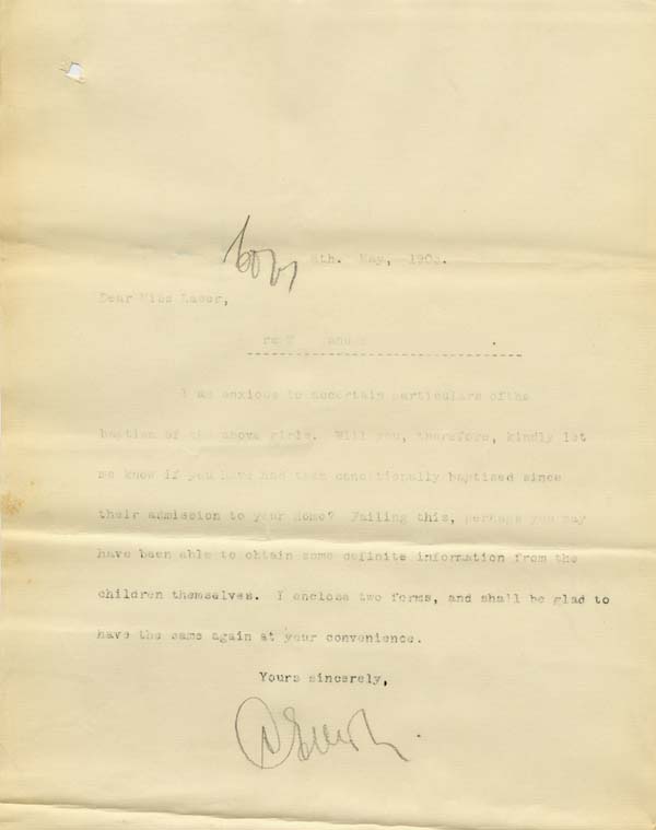 Large size image of Case 9315 27. Copy letter to St Michael's Home enquiring about the baptism of M. and H.  8 May 1905
 page 1