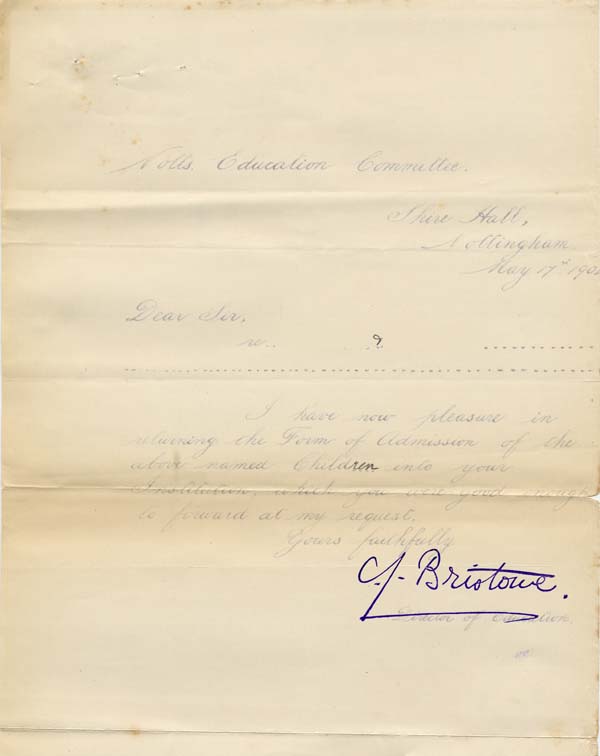 Large size image of Case 9315 29. Letter from Notts Education Committee  17 May 190?
 page 1