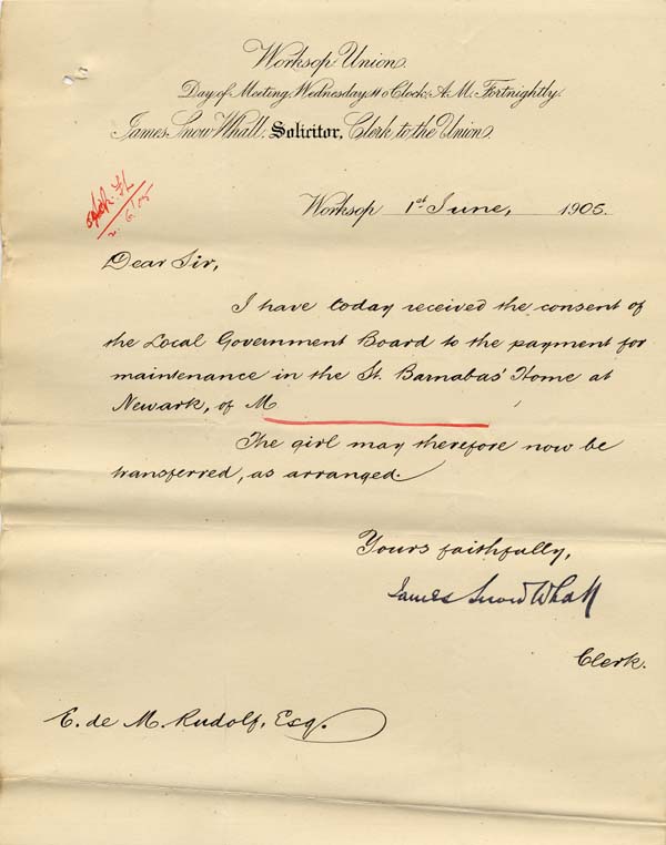 Large size image of Case 9315 30. Letter from the Worksop Union confirming that the Local Government Board's consent has been received  1 June 1905
 page 1