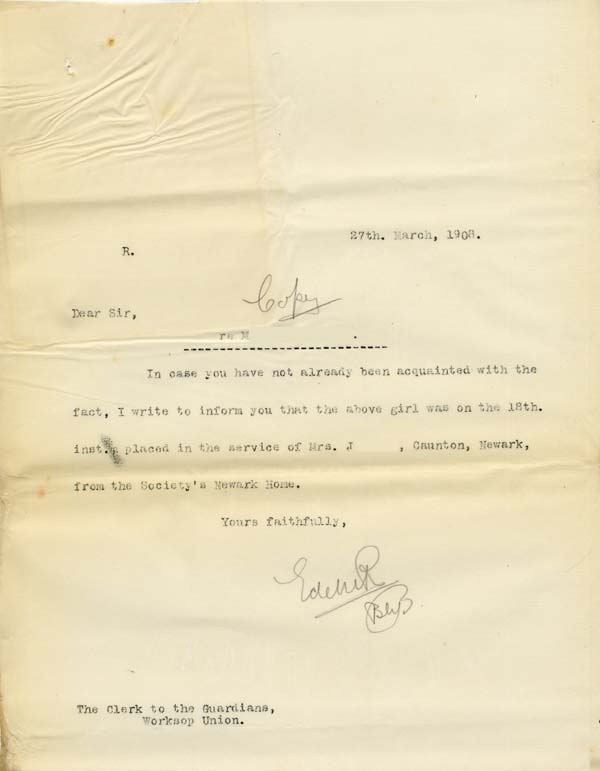 Large size image of Case 9315 34. Copy letter to the Worksop Union about M's discharge  27 March 1908
 page 1