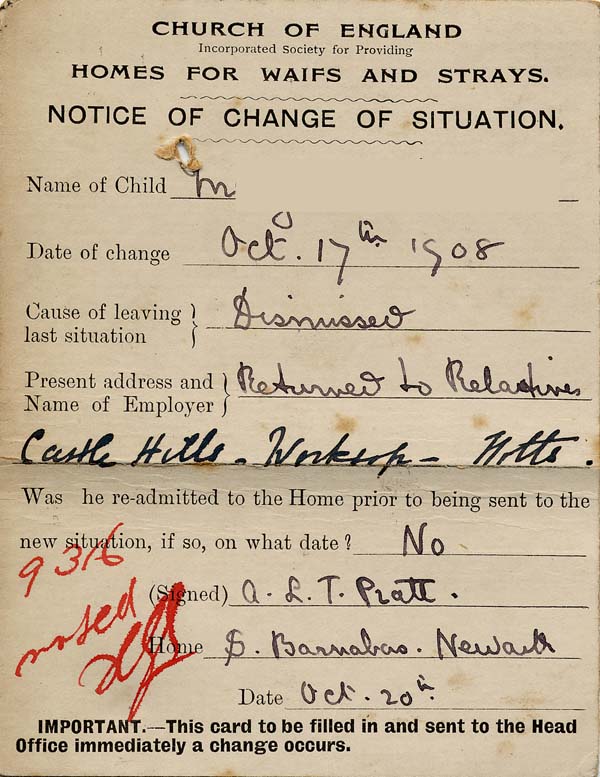 Large size image of Case 9315 35. Card noting that M. had been returned to her relatives  20 October 1908
 page 2