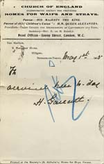 Image of Case 9315 24. Card confirming M's arrival at the St Barnabas Home  1 May 1905
 page 2