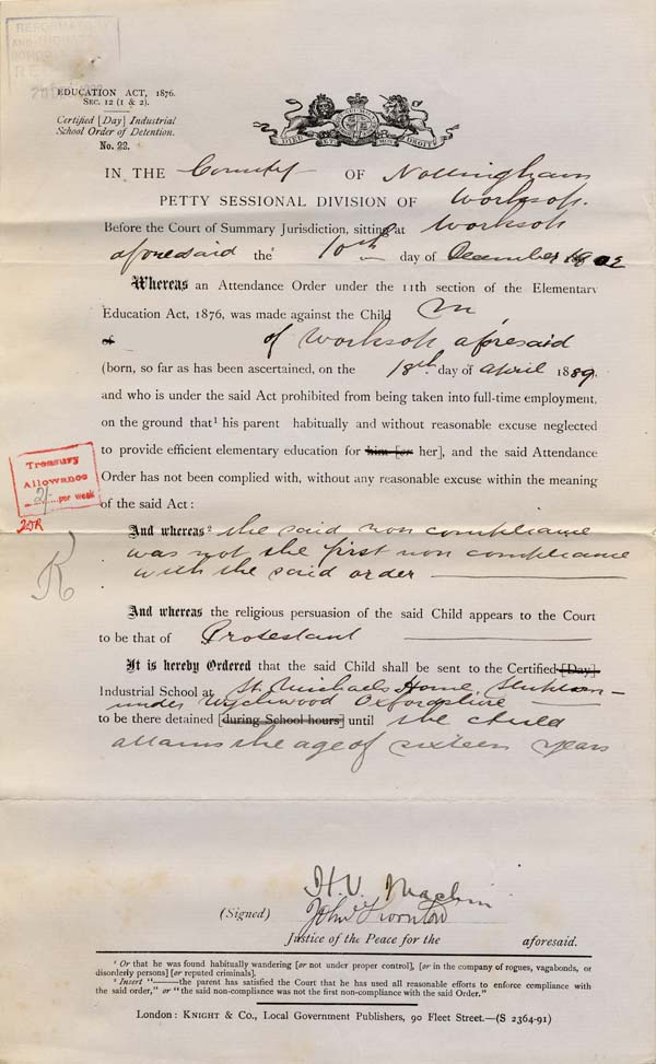 Large size image of Case 9316 12. Certified Industrial School Order of Detention for M.  10 December 1902
 page 1