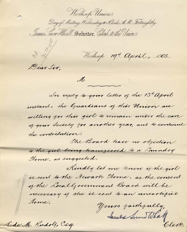 Large size image of Case 9316 19. Letter from the Worksop Union agreeing to M. remaining in the care of the Waifs and Strays' Society  19 April 1905
 page 1