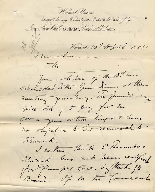 Large size image of Case 9316 22. Letter from the Worksop Union agreeing to the arrangements for M.  20 April 1905
 page 1
