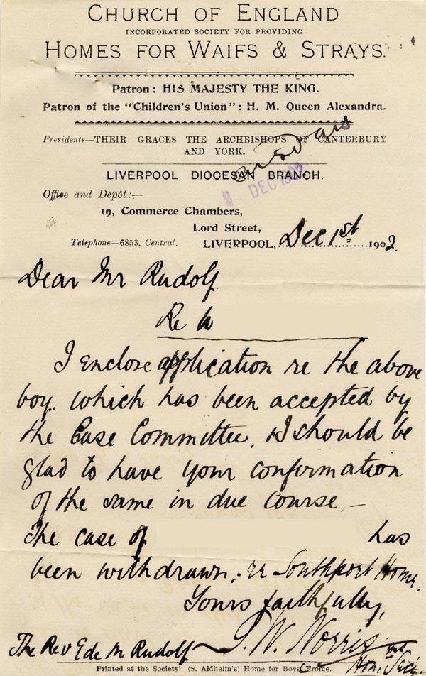 Large size image of Case 9339 2. Letter from G.W. Norris, Honorary Secretary of the Liverpool Branch concerning the application for W.  1 December 1902
 page 1