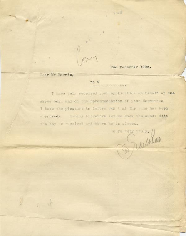 Large size image of Case 9339 3. Copy letter from Revd Edward Rudolf to Mr Norris concerning the approval of W's application  2 December 1902
 page 1