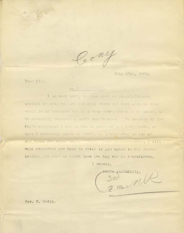 Large size image of Case 9350 5. Copy letter from Revd Edward Rudolf about transferring C. to another Home  30 July 1904
 page 1