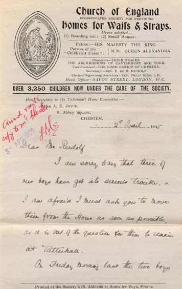 Large size image of Case 9350 8. Letter from the Tattenhall Home requesting C's removal because he had been caught stealing  2 April 1905
 page 1