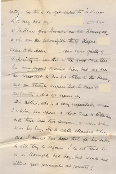 Large size image of Case 9350 8. Letter from the Tattenhall Home requesting C's removal because he had been caught stealing  2 April 1905
 page 3