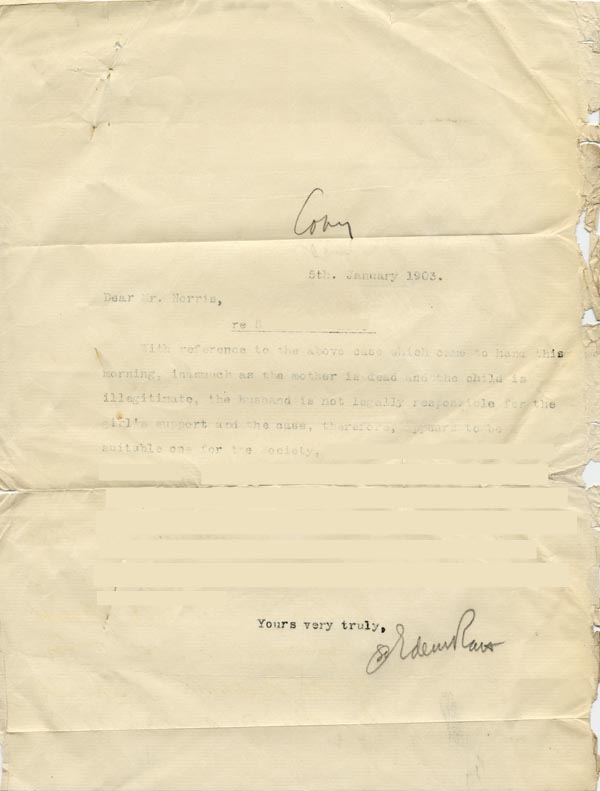 Large size image of Case 9380 3. Copy letter from Revd Edward Rudolf stating that the case is suitable for the Society to accept  5 January 1903
 page 1