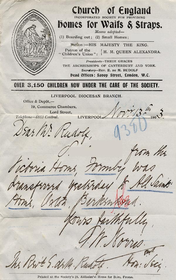 Large size image of Case 9380 4. Letter recording that S. had been transferred to the Birkenhead Home  13 November 1903
 page 1