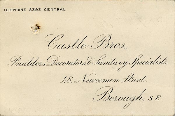 Large size image of Case 9402 4. Business card for Castle Brothers , Builders etc., of the Borough, Southwark
 page 1