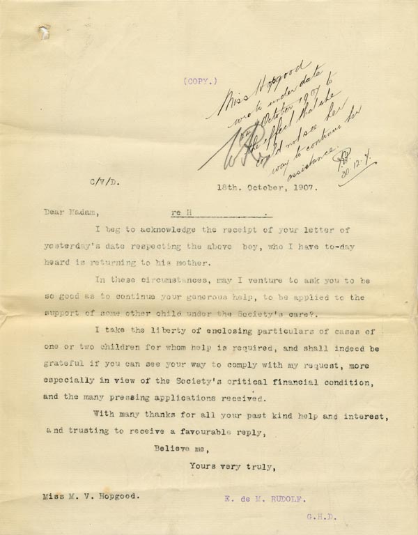 Large size image of Case 9402 7. Copy letter to Miss Hopgood asking her to continue supporting other children in the Society's care  18 October 1907
 page 1