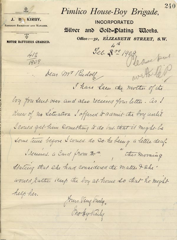 Large size image of Case 9402 10. Letter from Mr J.H. Kirby of the Pimlico House-Boy Brigade  4 February 1909
 page 1