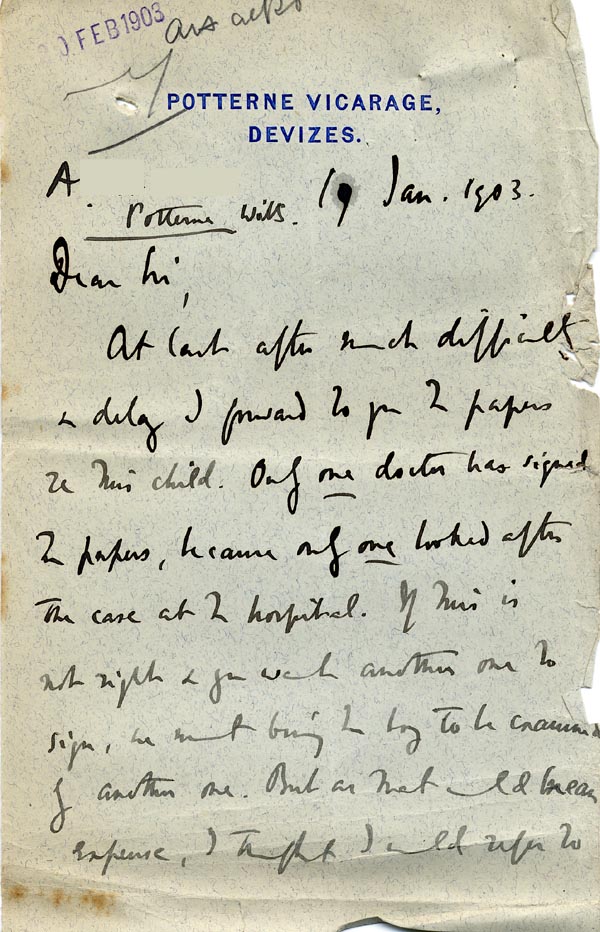 Large size image of Case 9498 5. Letter from Revd B.  19 January 1903
 page 1