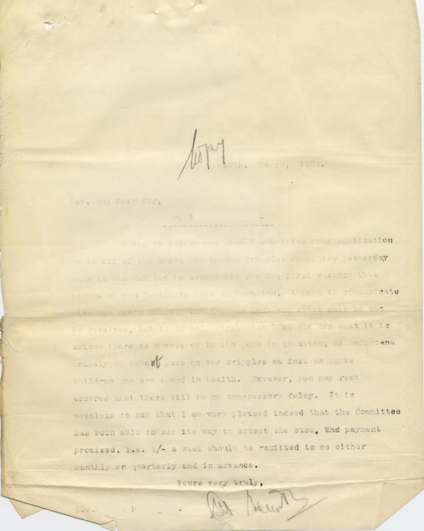 Large size image of Case 9498 9. Copy letter informing Revd B. that A. has been accepted for the St Martin's Home  12 March 1903
 page 1