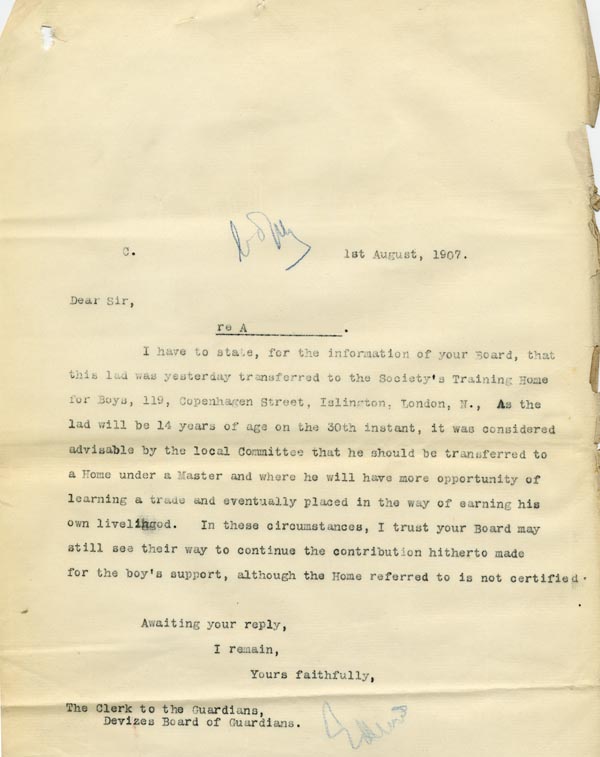 Large size image of Case 9498 13. Copy letter informing the Devizes Union that A. had been transferred to Islington  1 August 1907
 page 1