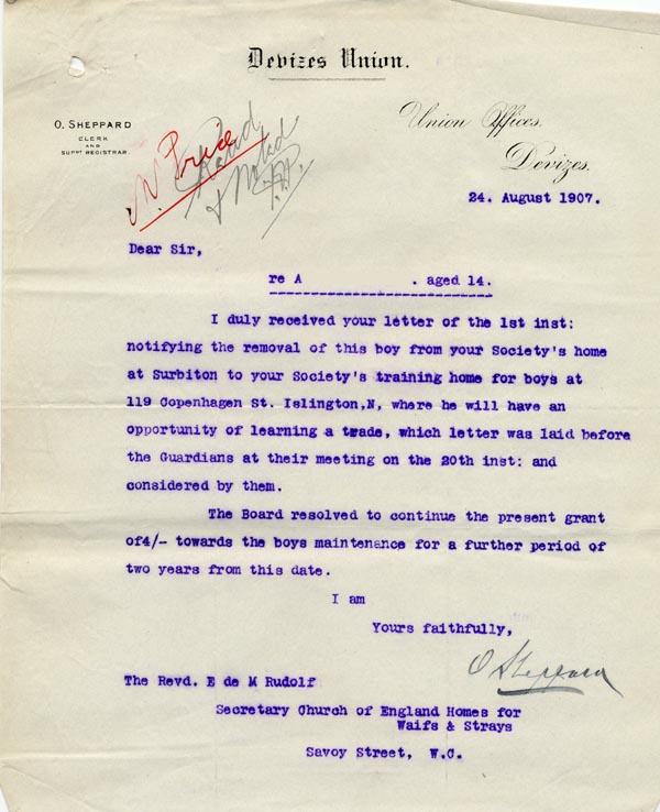 Large size image of Case 9498 14. Letter from the Devizes Union agreeing to continue maintenance payments for A.  24 August 1907
 page 1