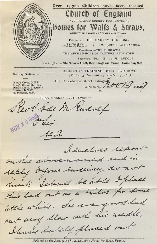 Large size image of Case 9498 16. Letter to Revd Edward Rudolf from the Islington Home enclosing the above report  19 November 1909
 page 1