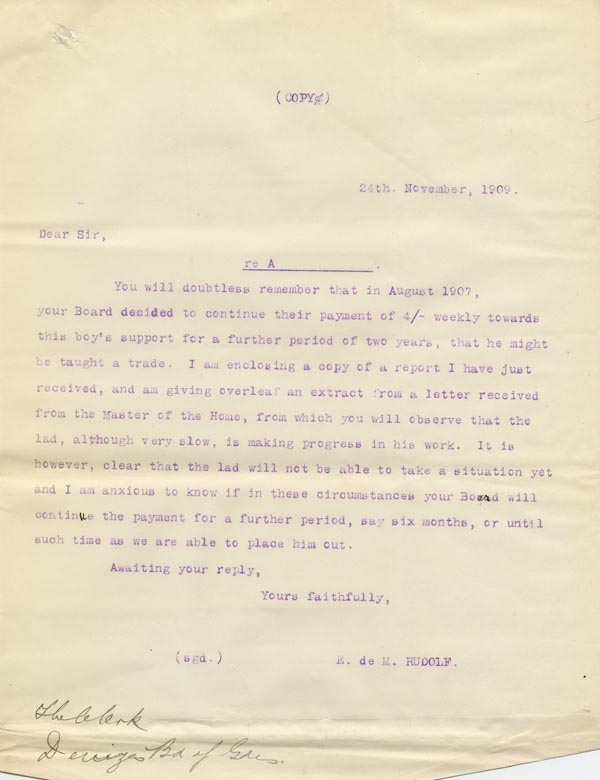 Large size image of Case 9498 17. Copy letter to the Devizes Union concerning maintenance  24 November 1909
 page 1