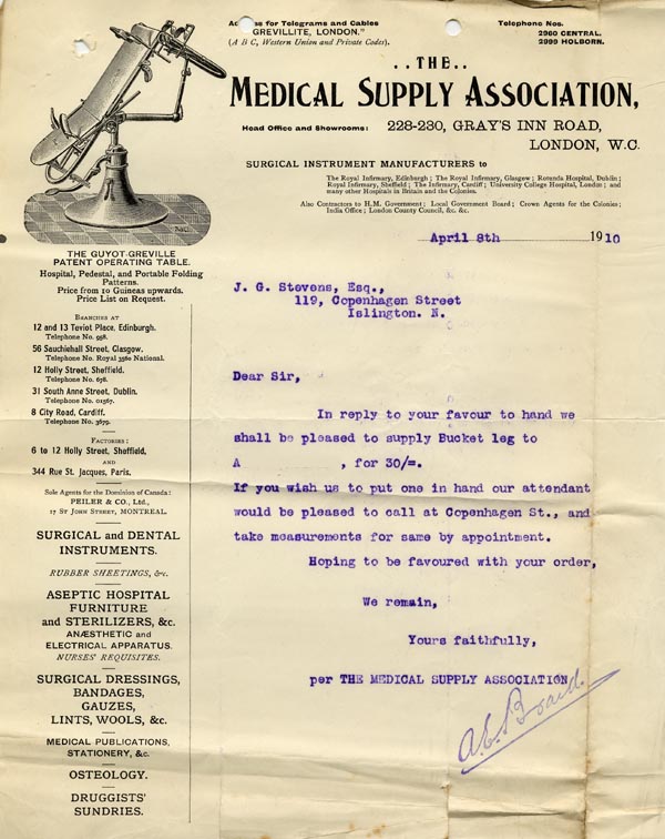 Large size image of Case 9498 19. Letter from the Medical Supply Association concerning the cost of a new bucket leg for A.  8 April 1910
 page 1