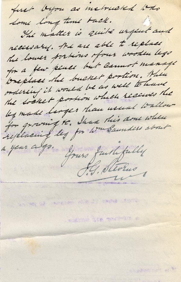 Large size image of Case 9498 20. Letter from the Islington Home to the Revd Edward Rudolf informing him of the need for a new bucket leg and enclosing the above estimate  9 April 1910
 page 2