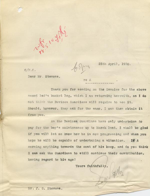 Large size image of Case 9498 23. Copy letter from the Revd Edward Rudolf to the Islington Home discussing the possibility of asking the Devizes Guardians to continue contributing to A's maintenance  25 April 1910
 page 1