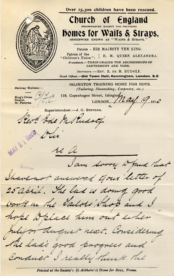 Large size image of Case 9498 25. Letter from the Islington Home to Revd Edward Rudolf replying to the letter of 25 April, giving a good account of A. and hoping the Devizes Union will continue to contribute  19 May 1910
 page 1