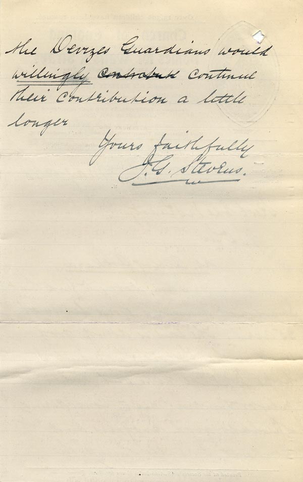 Large size image of Case 9498 25. Letter from the Islington Home to Revd Edward Rudolf replying to the letter of 25 April, giving a good account of A. and hoping the Devizes Union will continue to contribute  19 May 1910
 page 2