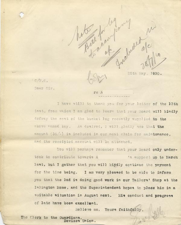 Large size image of Case 9498 26. Copy letter to the Devizes Union thanking them for paying for the leg and continuing to contribute to A's maintenance  25 May 1910
 page 1