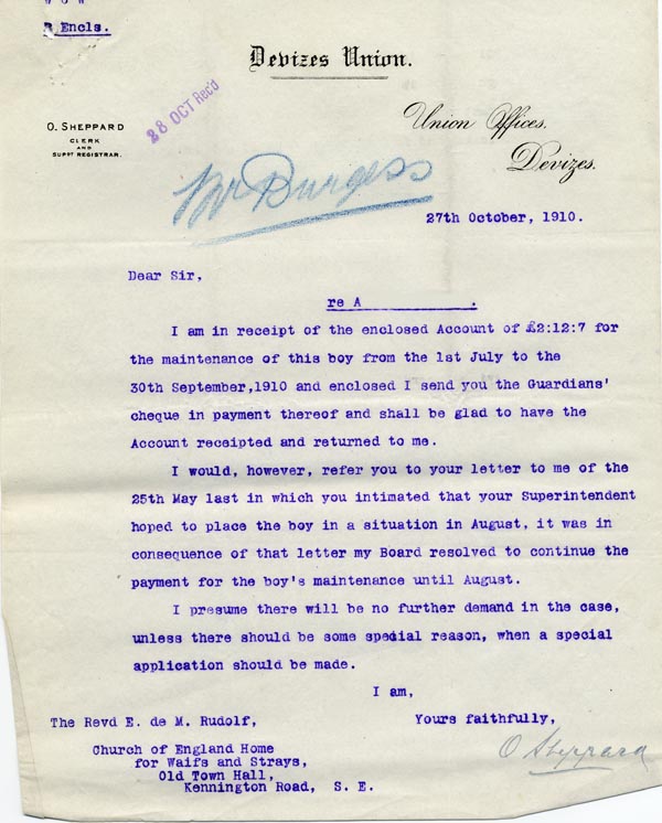 Large size image of Case 9498 27. Letter from the Devizes Union asking if A. still needed maintenance payments as it had been estimated that he should be in work by August  27 October 1910
 page 1