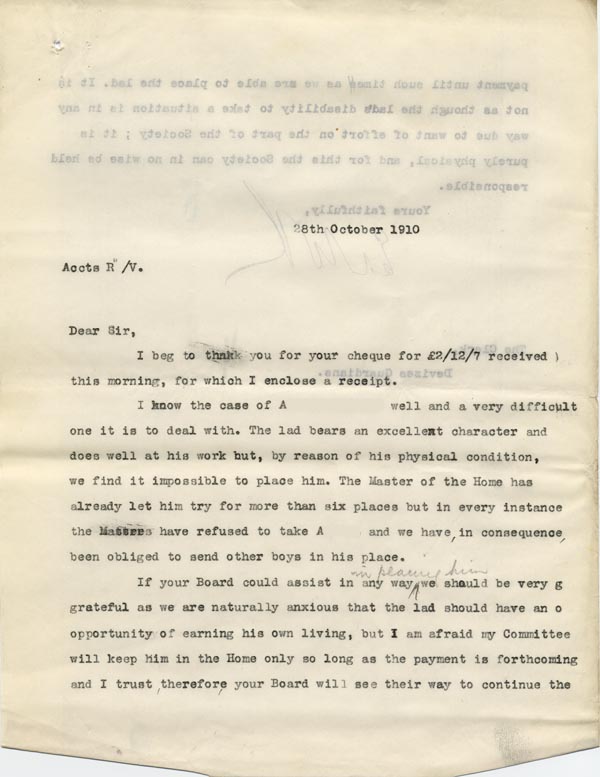 Large size image of Case 9498 28. Copy letter from the Revd Edward Rudolf explaining to the Devizes Union the difficulties that A. has faced finding a situation because of his disability and asking if they could continue maintenance payments  28 October 1910
 page 1