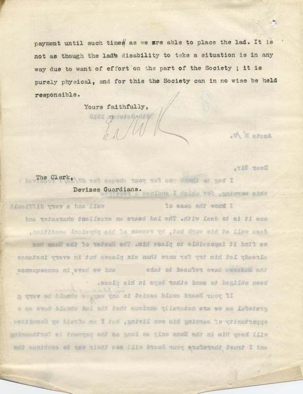 Large size image of Case 9498 28. Copy letter from the Revd Edward Rudolf explaining to the Devizes Union the difficulties that A. has faced finding a situation because of his disability and asking if they could continue maintenance payments  28 October 1910
 page 2