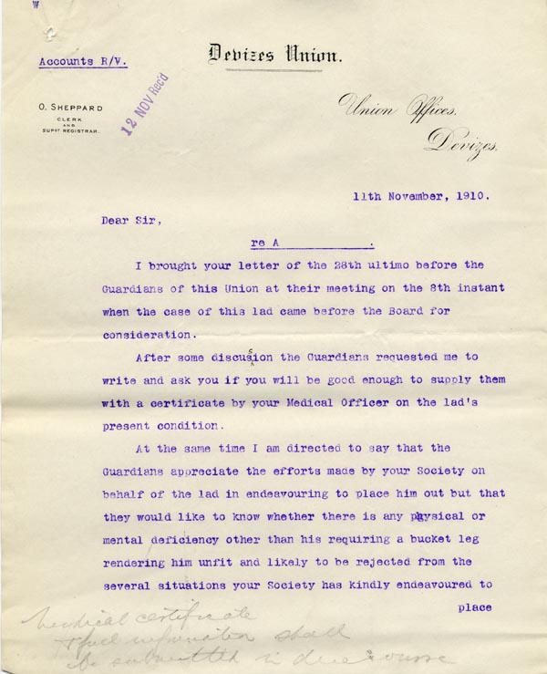 Large size image of Case 9498 29. Letter from Devizes Union asking to know if there is any problem other than his requiring an artificial leg which has kept A. from finding a situation  11 November 1910
 page 1